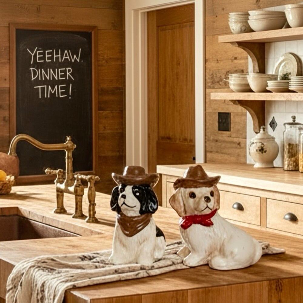 Cowboy Dog Ceramic Salt and Pepper Shakers Set Brown Hats Red Bandanas 2pc